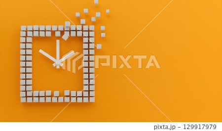 A striking 3d render of a white cube clock melting on an orange background.	 A striking 3d render of a white cube clock melting on an orange background.	 129917979