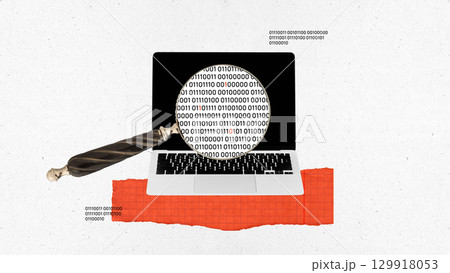 Creative digital artwork. Laptop with magnifying glass over binary code digital investigation 129918053