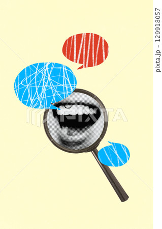 Bold colorful poster with magnifying glass over mouth and speech bubbles 129918057