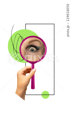 Minimalist collage with magnifying glass focusing on surprised human eye Minimalist collage with magnifying glass focusing on surprised human eye 129918058