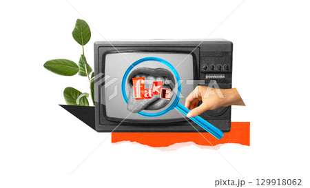 Surreal collage with vintage TV highlighting mouth with letters forming word fake with magnifier 129918062