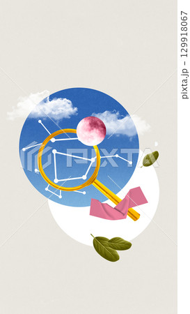 Colorful collage of astronomy magnifying glass with constellation and moon in cosmic theme 129918067