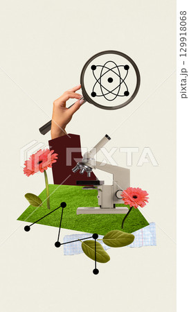 Creative collage with microscope and magnifying glass with atom sign and flowers in scientific theme Creative collage with microscope and magnifying glass with atom sign and flowers in scientific theme 129918068