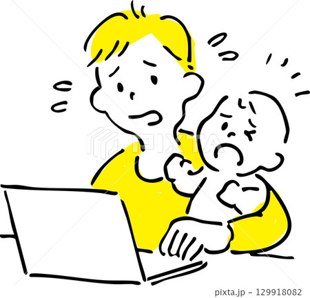 在宅勤務で子育てに困る親のイラスト 在宅勤務で子育てに困る親のイラスト 129918082