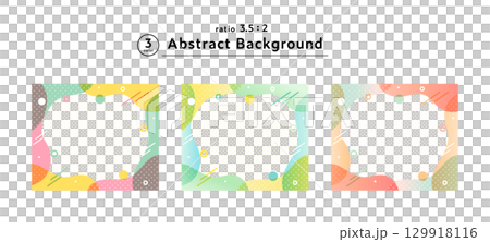 Set of illustrations of abstract background frames with curved, wavy lines and polka dots. Pop design, abstract frame. 129918116