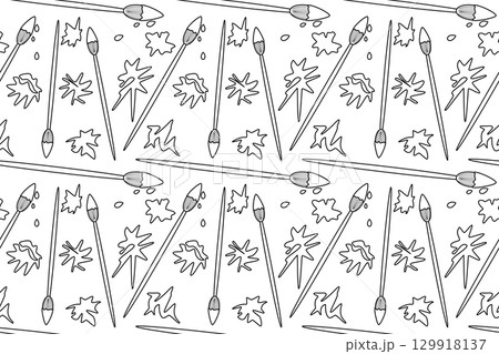 Coloring page of seamless pattern with paintbrushes and paint splashes different shapes. For entertaining kids, back to school or education black and white printable design, and DIY craft activity. 129918137