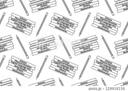 Coloring page of vector seamless pattern with stacks of books on school subjects and pencils. For entertaining kids, back to school, education black and white printable design, and DIY craft activity. Coloring page of vector seamless pattern with stacks of books on school subjects and pencils. For entertaining kids, back to school, education black and white printable design, and DIY craft activity. 129918138