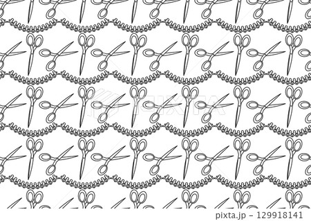 Coloring page of seamless pattern with scissors and paper chain garland. For entertaining kids, back to school or education black and white printable design, DIY craft activity, educational concept. Coloring page of seamless pattern with scissors and paper chain garland. For entertaining kids, back to school or education black and white printable design, DIY craft activity, educational concept. 129918141