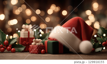 Festive Christmas scene with Santa hat, gifts, and holly berries on wooden table, glowing bokeh lights in background 129918155