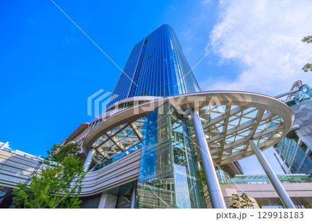 日本の東京都市景観 8月。猛烈な暑さ、高輪ゲートウェイシティや発達した雲などを望む…＝21日 129918183