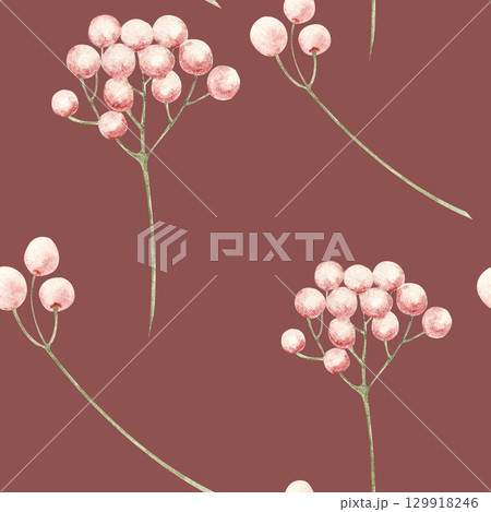 Pink berries on green stems seamless watercolor pattern on pink background. Hand-painted for use in textile prints, gift wrap, packaging design, branding, stationery, and seasonal decor. Minimalistic 129918246