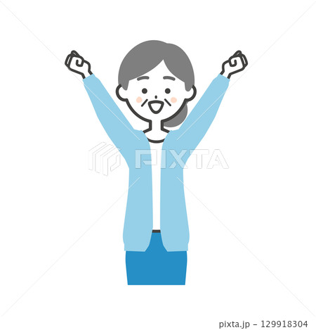 両手のこぶしをあげる年配の女性イラスト 両手のこぶしをあげる年配の女性イラスト 129918304