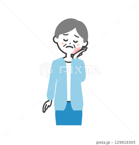 腫れた頬っぺたを押さえる年配の女性イラスト 129918305