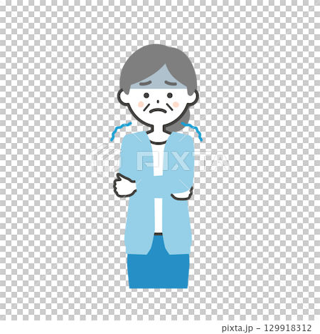 Illustration of an elderly woman who feels cold 129918312