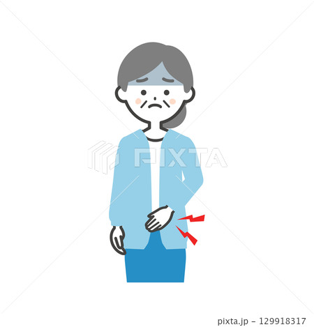 お腹を押さえる年配の女性イラスト 129918317