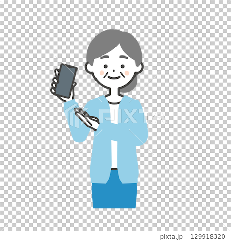 一位老年婦女手持智慧型手機的插圖 129918320