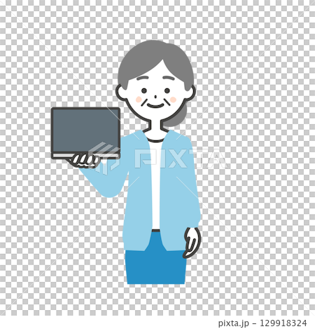 ノートパソコンを持つ年配の女性イラスト 129918324