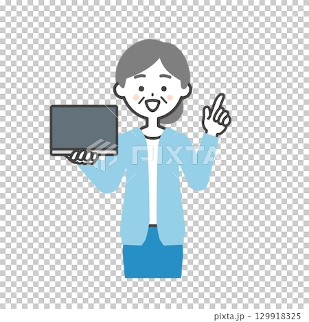 ノートパソコンを持って指を立てる年配の女性イラスト 129918325