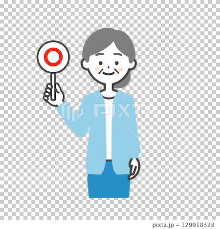 一位老年婦女拿著正確答案標籤的插圖 129918328