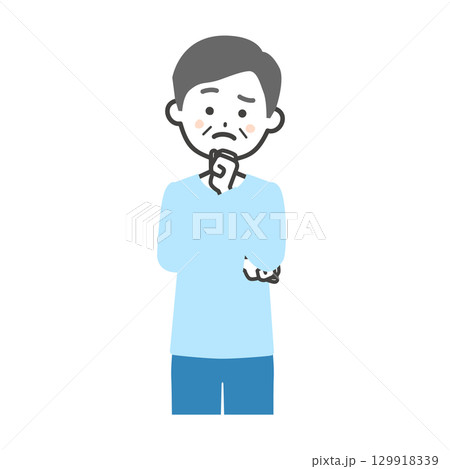 こぶしを顎に当てて考える年配の男性イラスト 129918339