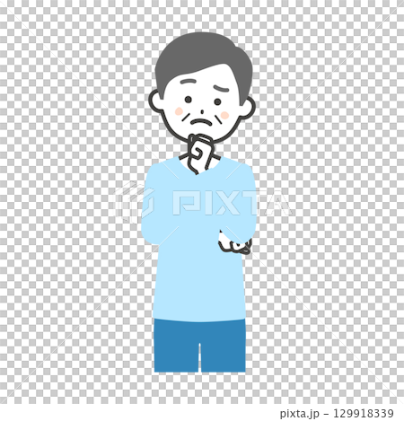 こぶしを顎に当てて考える年配の男性イラスト 129918339