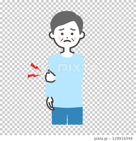 Illustration of an elderly man holding his elbow Illustration of an elderly man holding his elbow 129918349