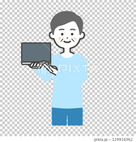 Illustration of an elderly man pointing at a laptop 129918362