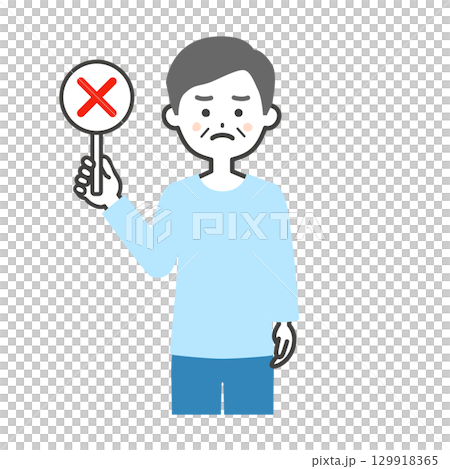 Illustration of an elderly man holding a wrong answer card 129918365