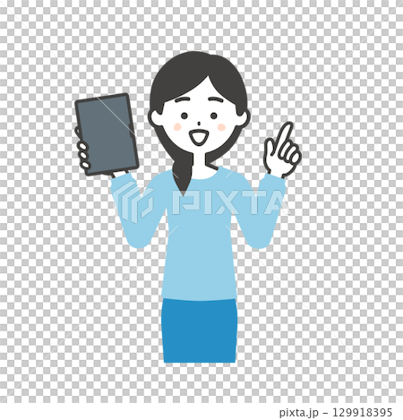 タブレットをもって指を立てる女性イラスト 129918395