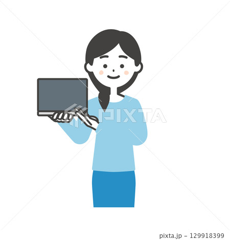 ノートパソコンを指す女性イラスト 129918399