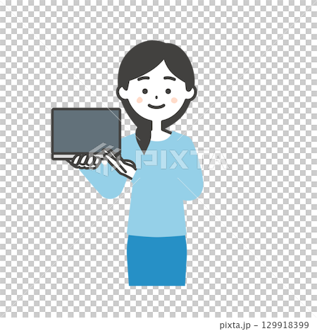 ノートパソコンを指す女性イラスト 129918399