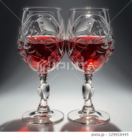 Two wine glasses of exquisite beauty. Two wine glasses filled with a rich, deep red wine. Two wine glasses of exquisite beauty. Two wine glasses filled with a rich, deep red wine. 129918445