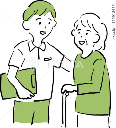杖を持つ高齢者と会話する介護士のイラスト 杖を持つ高齢者と会話する介護士のイラスト 129918459