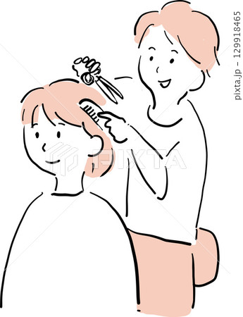 美容室で髪をカットする美容師の手描きイラスト 美容室で髪をカットする美容師の手描きイラスト 129918465