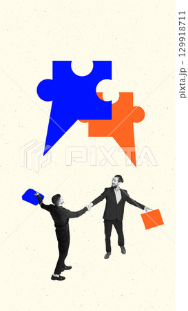 Bold collage of businessmen shaking hands under puzzle shaped speech bubbles Bold collage of businessmen shaking hands under puzzle shaped speech bubbles 129918711