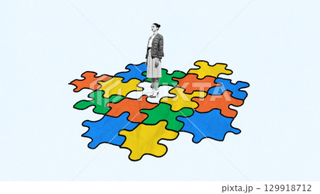 Colorful artwork with woman standing on multicolored puzzle pieces symbolizing inclusion 129918712