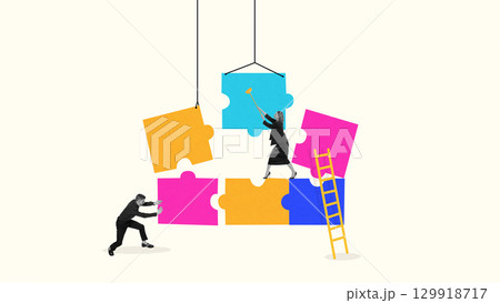Digital composition of teamwork assembling giant puzzle pieces with ladder and coordination Digital composition of teamwork assembling giant puzzle pieces with ladder and coordination 129918717