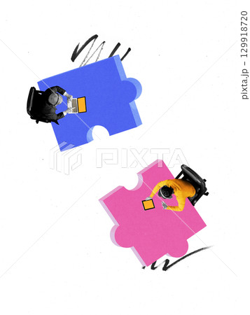 Modern graphic composition with business teamwork with two people on puzzle pieces using laptops Modern graphic composition with business teamwork with two people on puzzle pieces using laptops 129918720