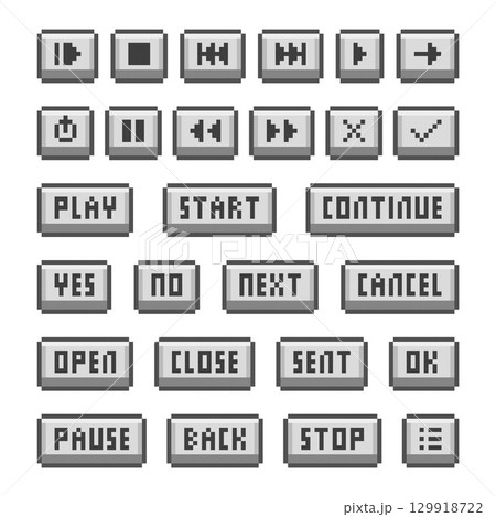 A collection of retro pixel art UI buttons for games and apps. A collection of retro pixel art UI buttons for games and apps. 129918722