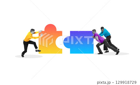 Graphic composition of men in colorful shirts pushing puzzle blocks to connect. 129918729