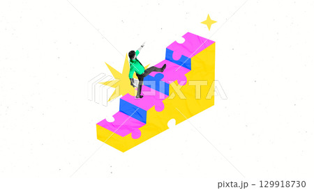 Bright composition of businessman climbing puzzle stairs symbol of progress 129918730