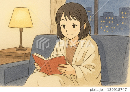 秋の夜長　ブランケットで読書タイム 129918747