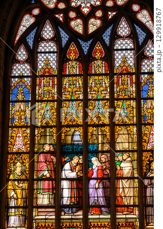 Stained glass windows in the Roman Catholic Cathedral of St. Michael and St. Gudula in central Brussels, Belgium 129918767