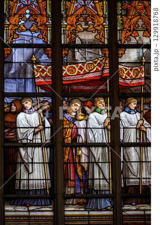 Stained glass windows in the Roman Catholic Cathedral of St. Michael and St. Gudula in central Brussels, Belgium 129918768