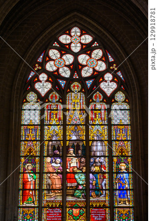 Stained glass windows in the Roman Catholic Cathedral of St. Michael and St. Gudula in central Brussels, Belgium 129918781
