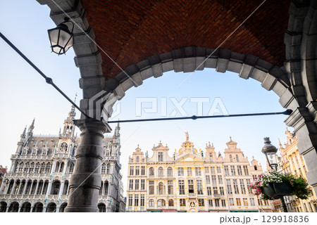 Lavishly decorated facades and architectural details of Guildhalls on the Grand-Place Grote Markt square of Brussels, Belgium 129918836