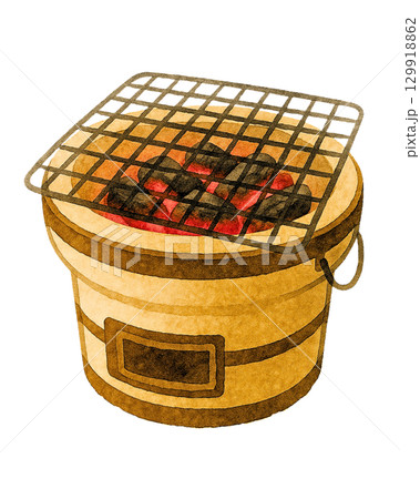 炭火コンロ 焼き網 七輪 手書き風 水彩風 129918862