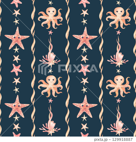 Watercolor starfish, octopus children's characters seamless pattern. Stars, abstract seaweed lines. Illustration isolated on dark background. Coral orange beige kids sea style wallpaper, stationery Watercolor starfish, octopus children's characters seamless pattern. Stars, abstract seaweed lines. Illustration isolated on dark background. Coral orange beige kids sea style wallpaper, stationery 129918887