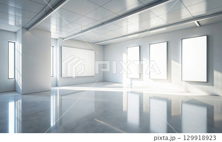 A spacious white gallery with screens and the effect of dissolving into space 129918923