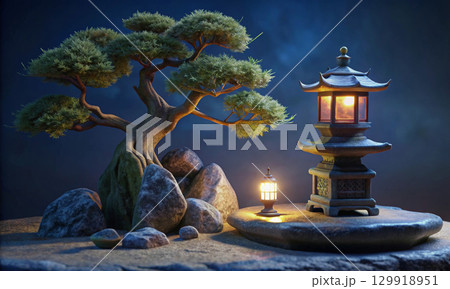 A quiet night in a Japanese garden under the light of a pocket lantern 129918951